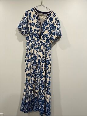 THML Blue & White Printed Maxi Dress with V-Neck with pockets